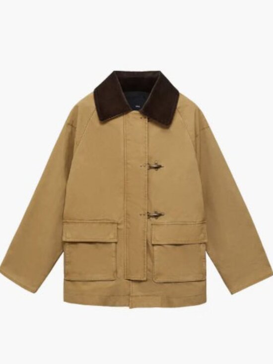 Mango Jackets & Blazers - MANGO Corduroy Collar Cotton Canvas Barn Coat Tan L